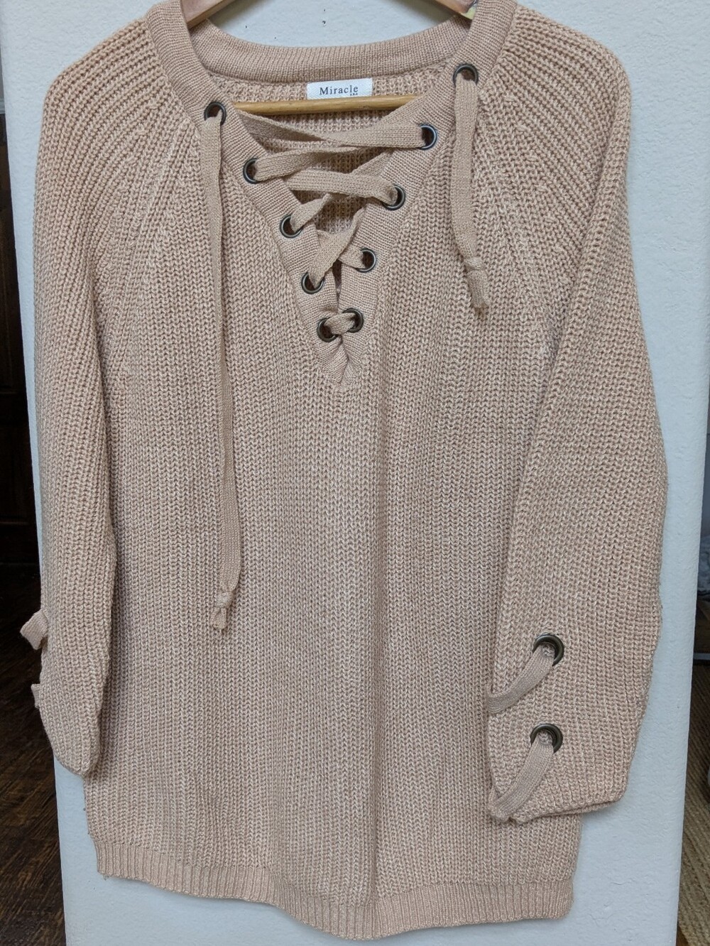 Miracle Lace-Up V-Neck Knit Sweater in Beige